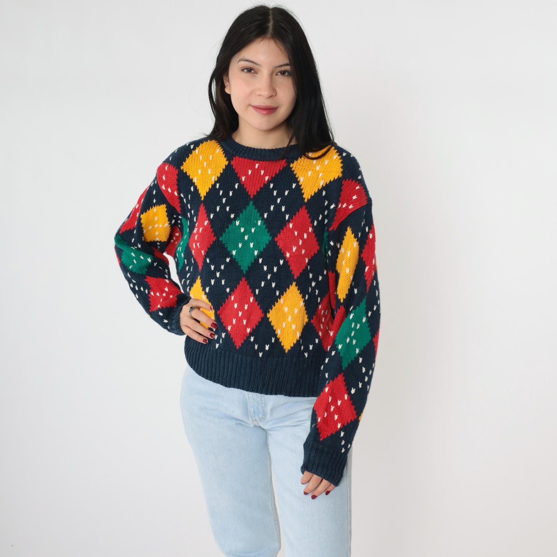 90s LizSport Argyle Sweater Navy Crewneck Pullover Cotton Ramie Medium
