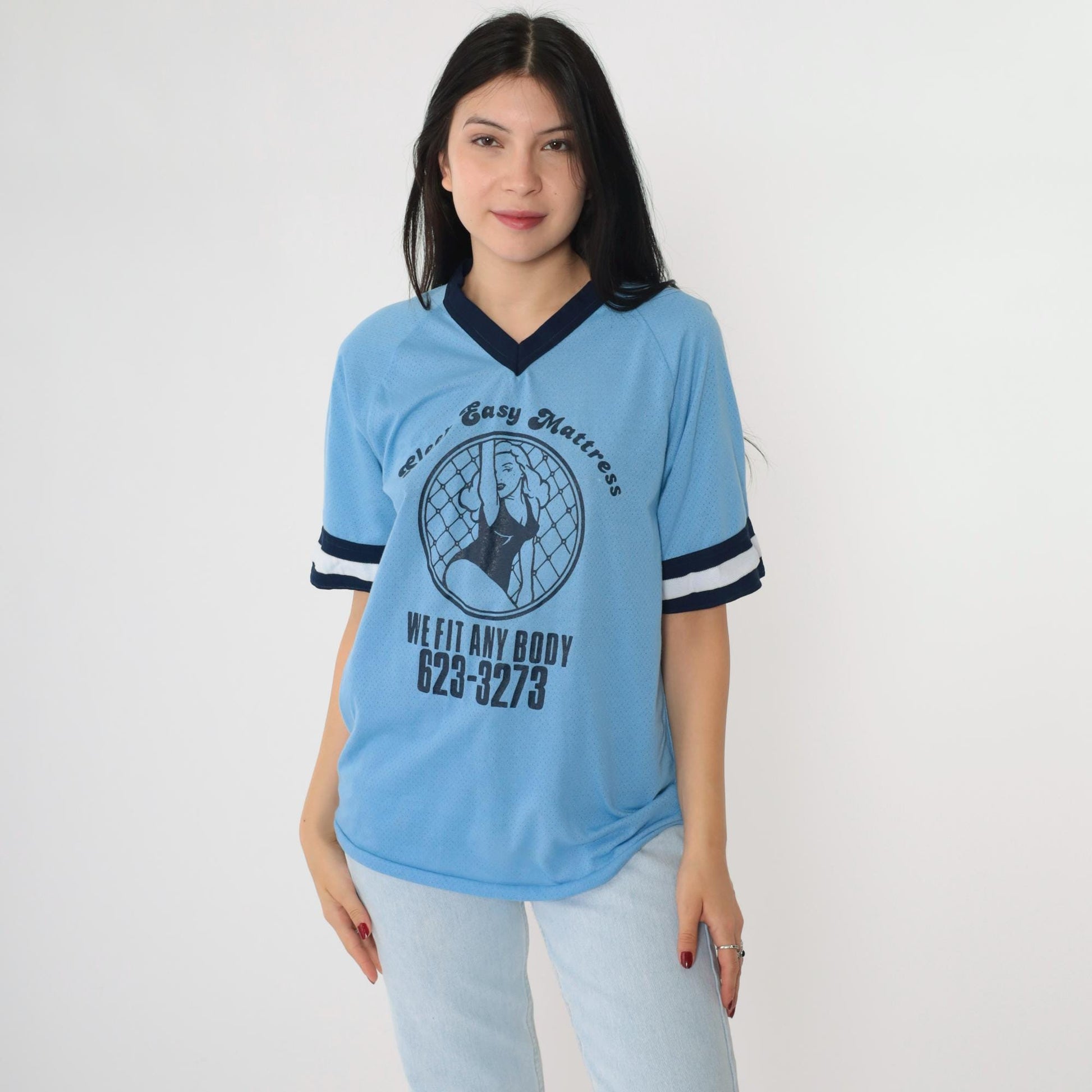 80s Sleep Easy Mattress Baseball Jersey Blue Mesh Raglan Ringer Tee Medium