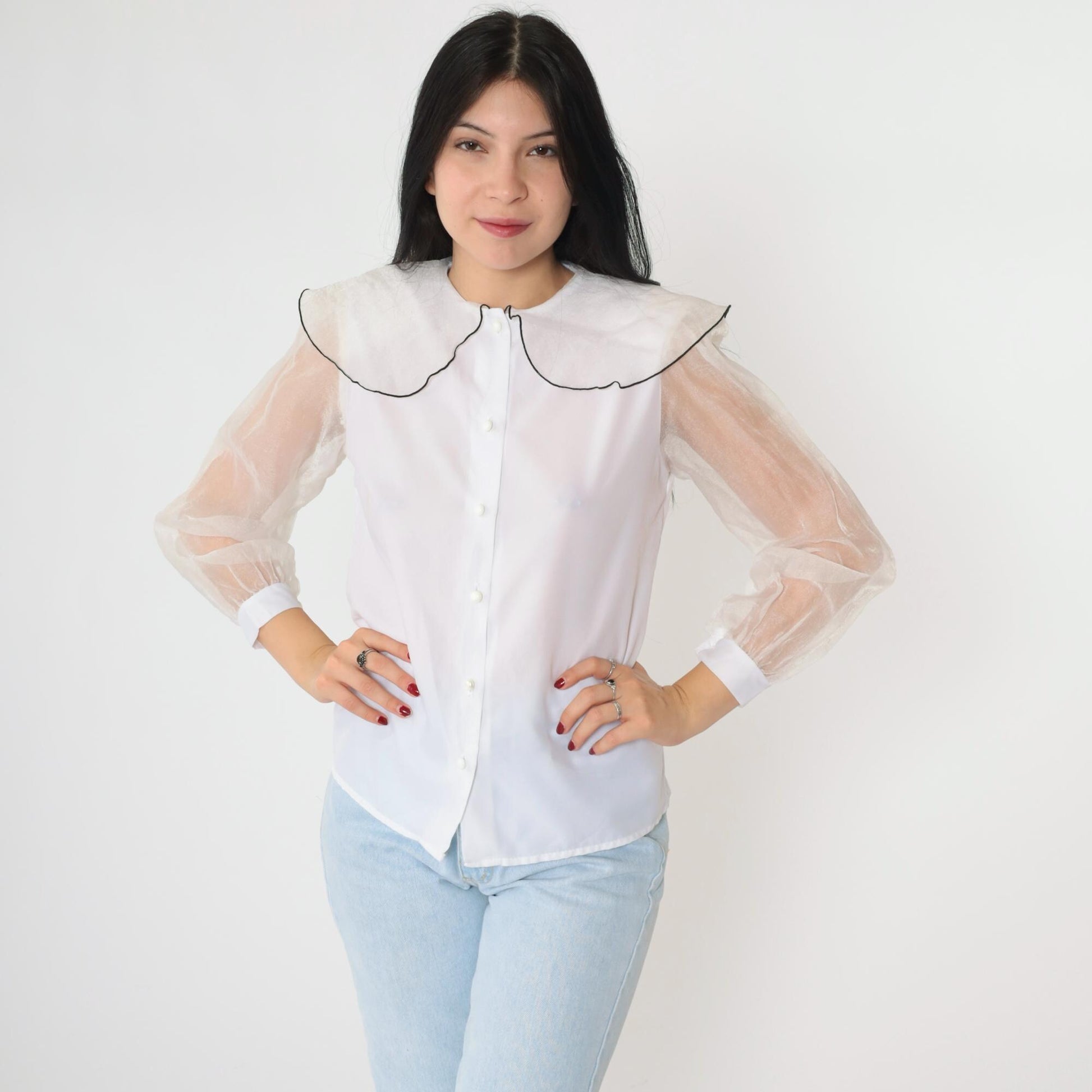 80s White Organza Puff Sleeve Blouse Peter Pan Collar Button Up Small
