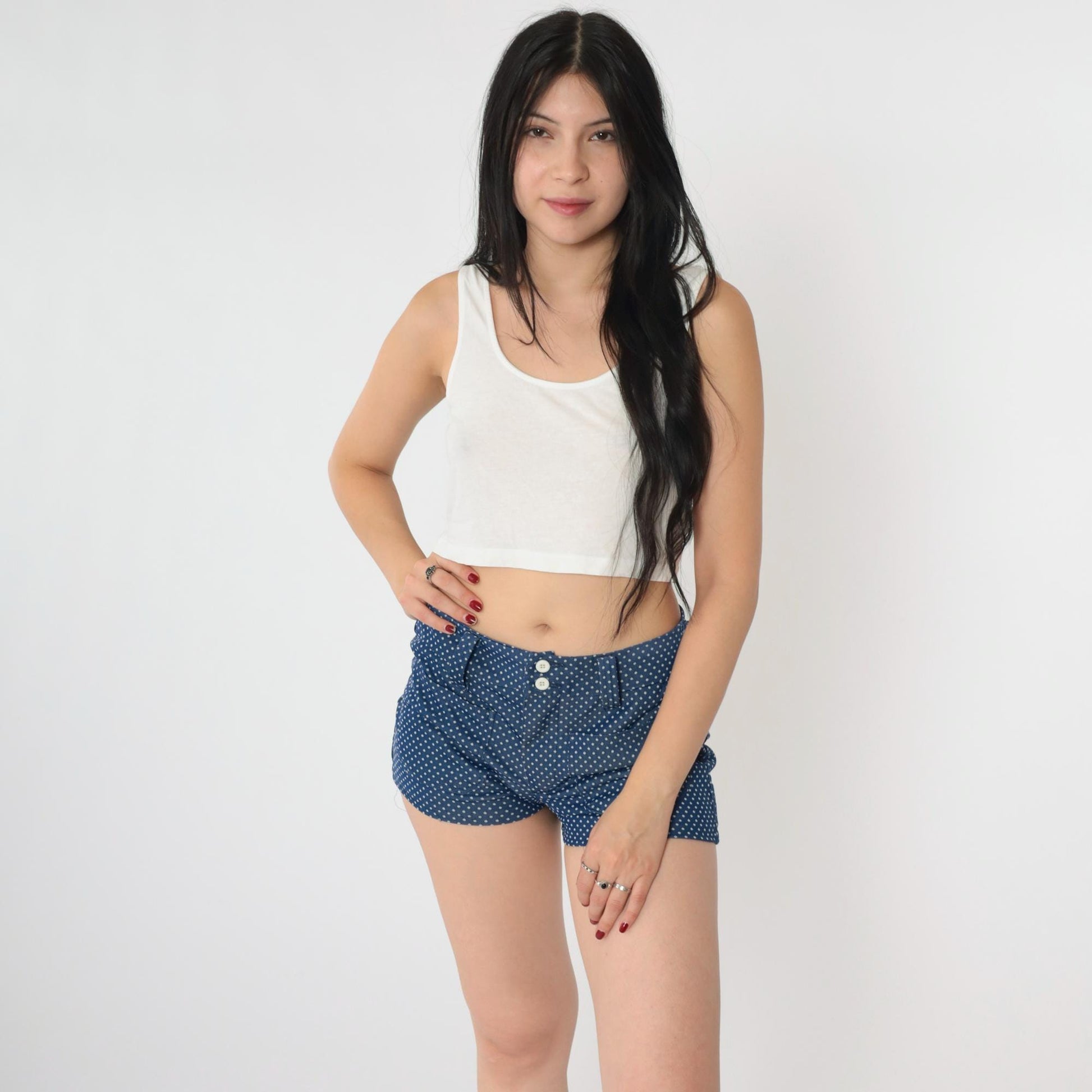 70s Polka Dot Shorts Mid Rise Dark Blue White Small