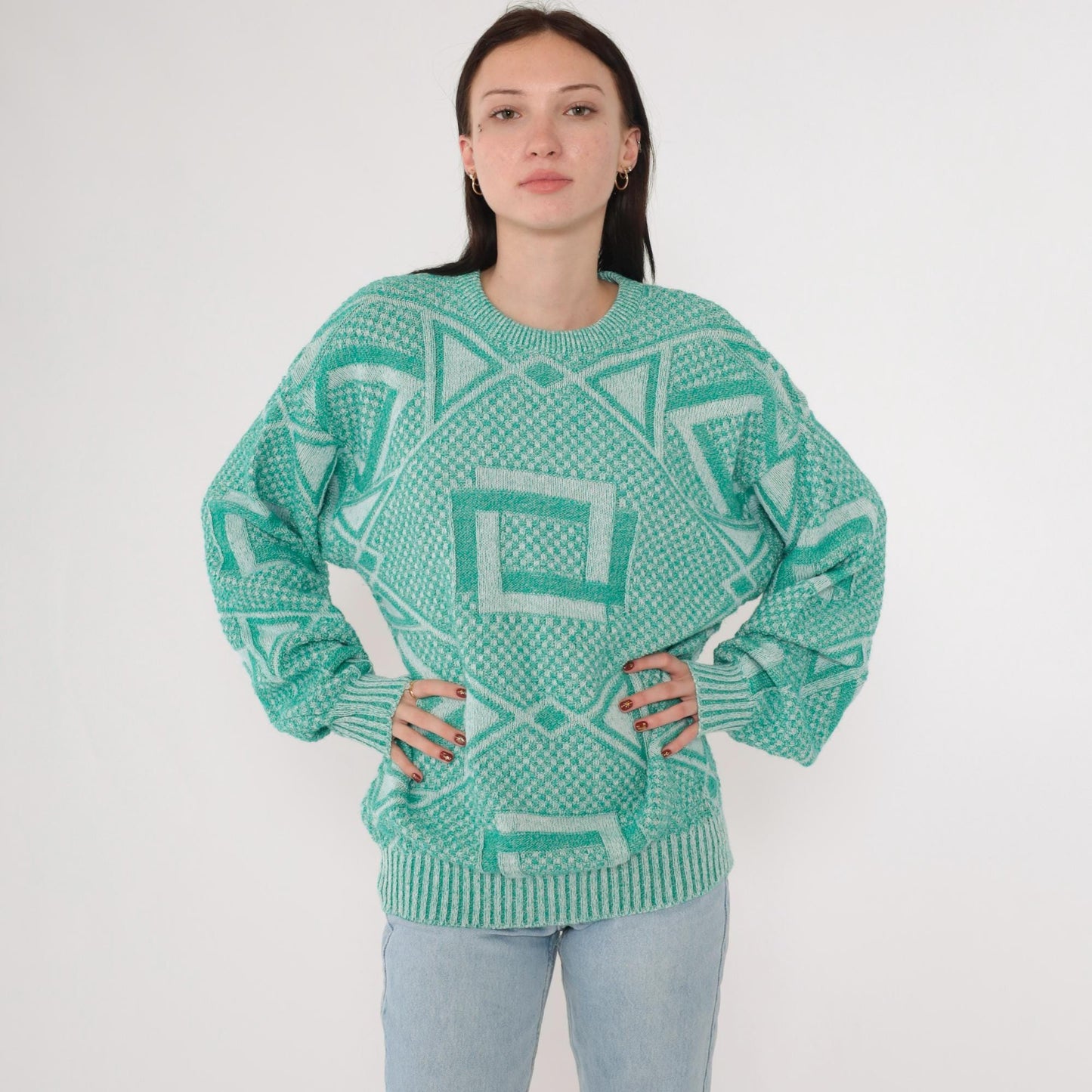 90s Jantzen Geometric Knit Sweater Green White Crewneck Large