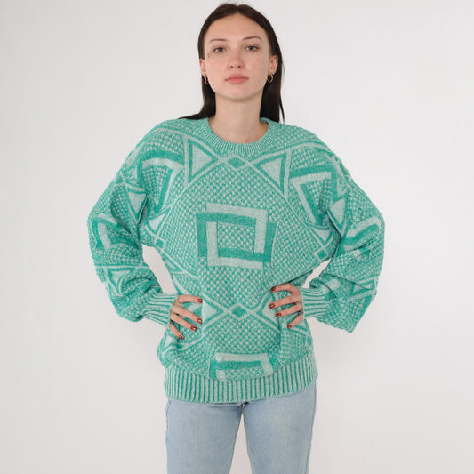 90s Jantzen Geometric Knit Sweater Green White Crewneck Large