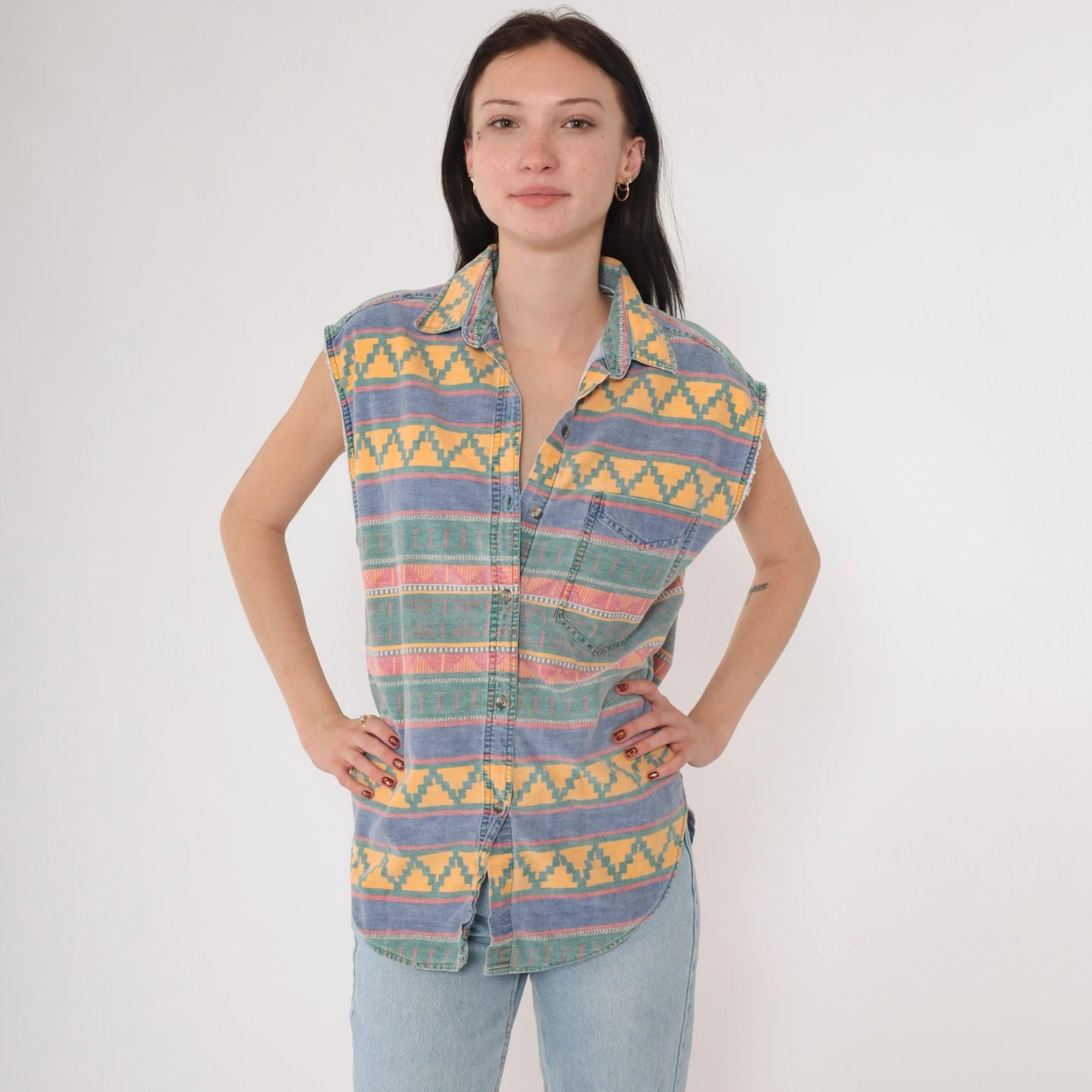 90s Quizz Southwestern Geometric Button-Up Tank Yellow Blue Green Medium