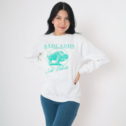 90s Badlands South Dakota Buffalo Sweatshirt White Crewneck Pullover Medium