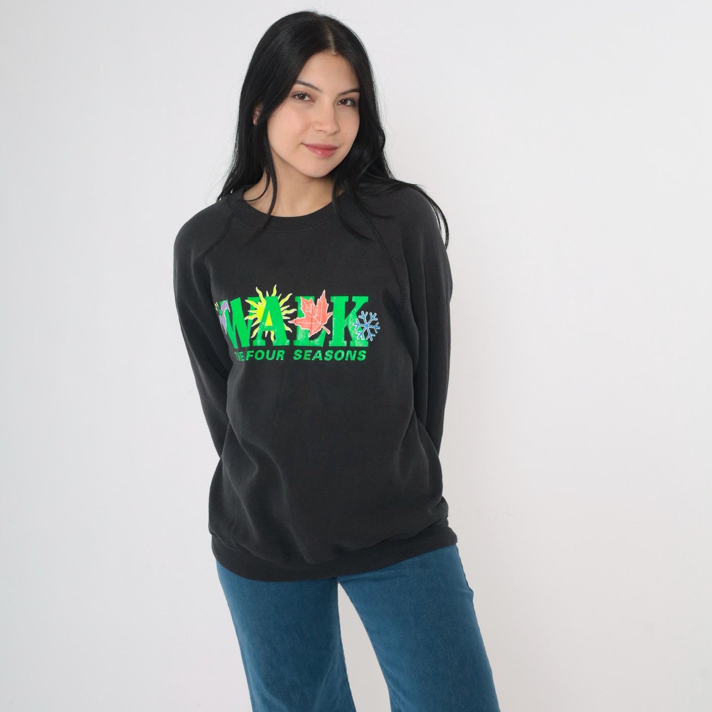 90s Lee Walk The Four Seasons Neon Graphic Sweatshirt Black Raglan Large