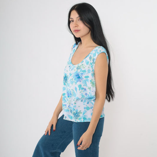 90s Apparenza Floral Tank Top Blue Abstract Print Scoop Neck Extra Large