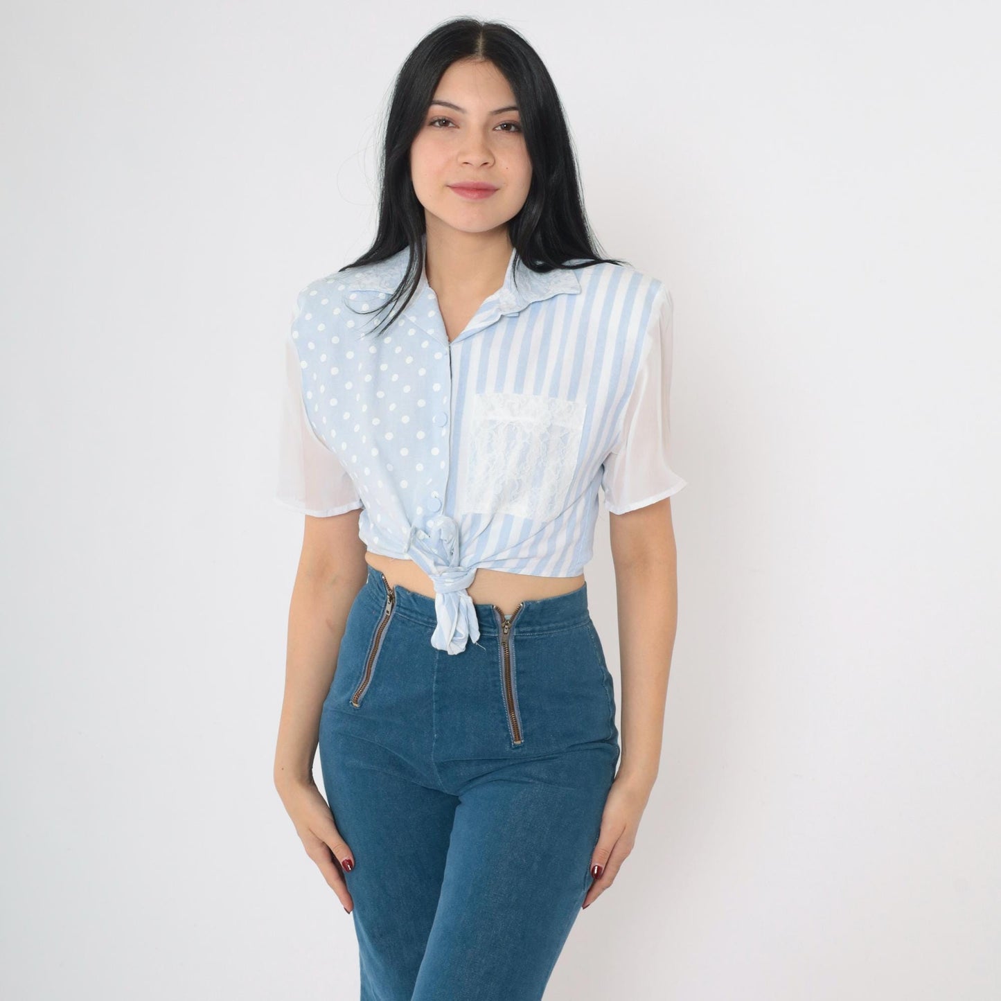 90s Baby Blue Polka Dot Striped Button Up Crop Top Chiffon Lace Small