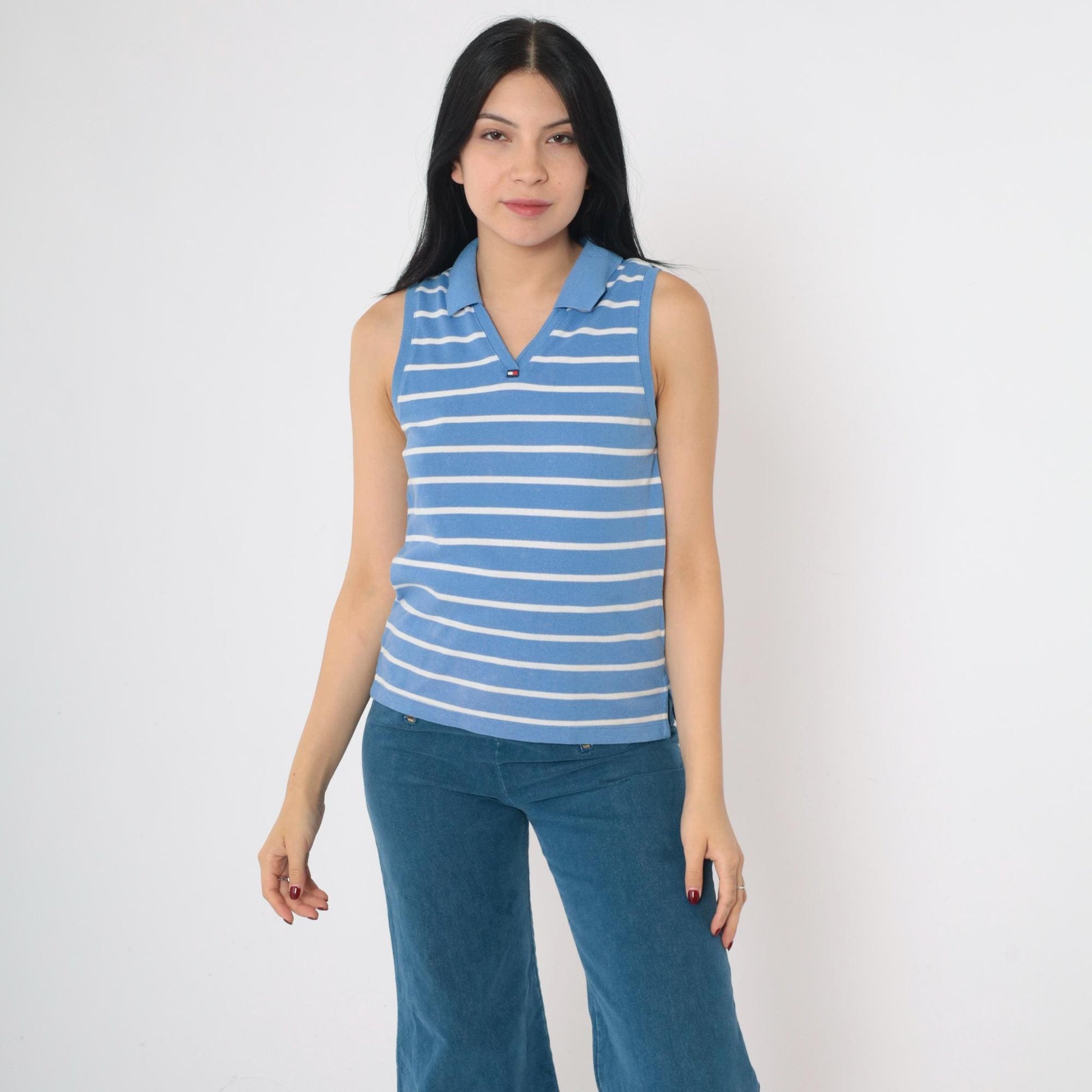 Y2K Tommy Jeans Striped Tank Top Blue White Collared V-Neck Small