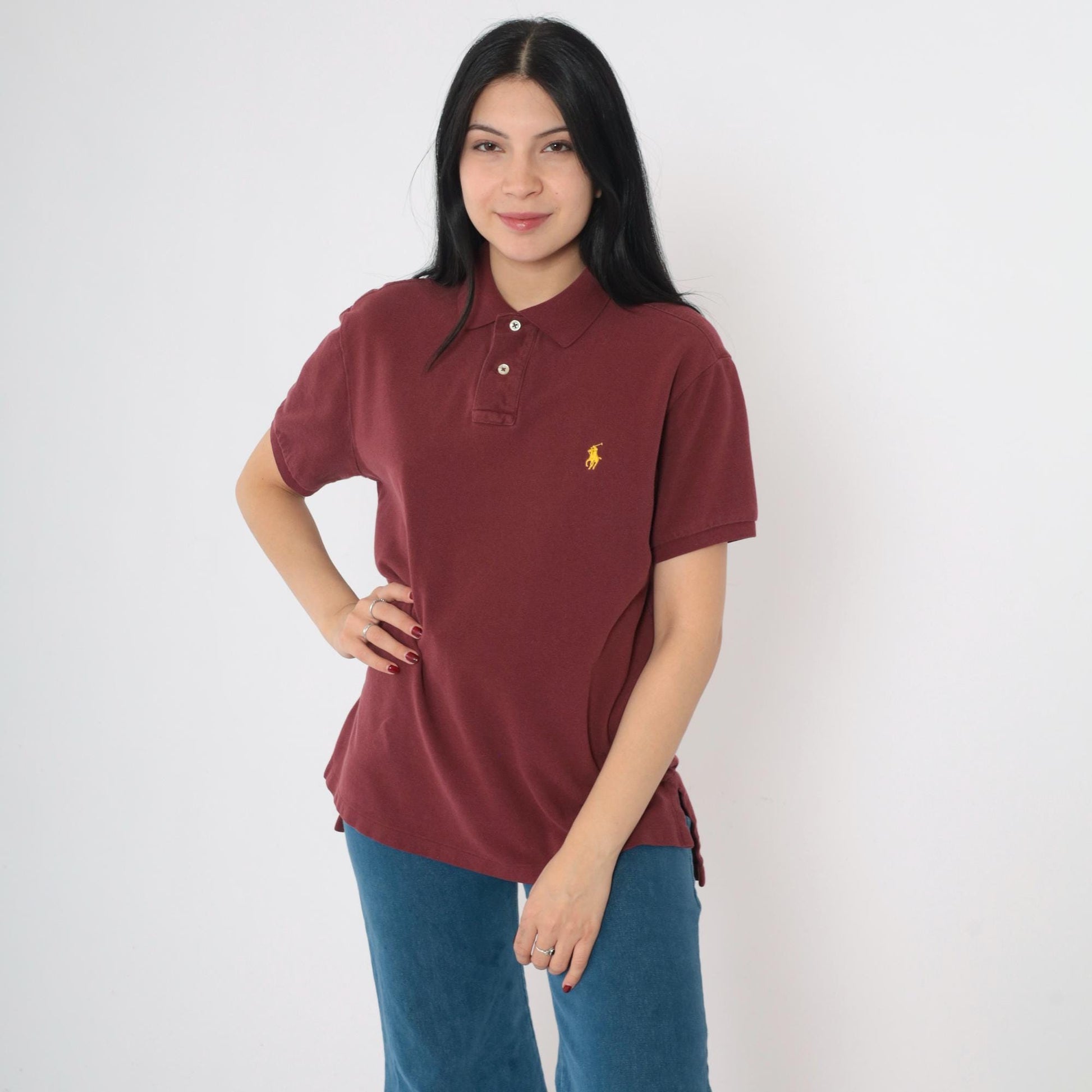 90s Polo Ralph Lauren Burgundy Cotton Polo Shirt Yellow Logo Medium M