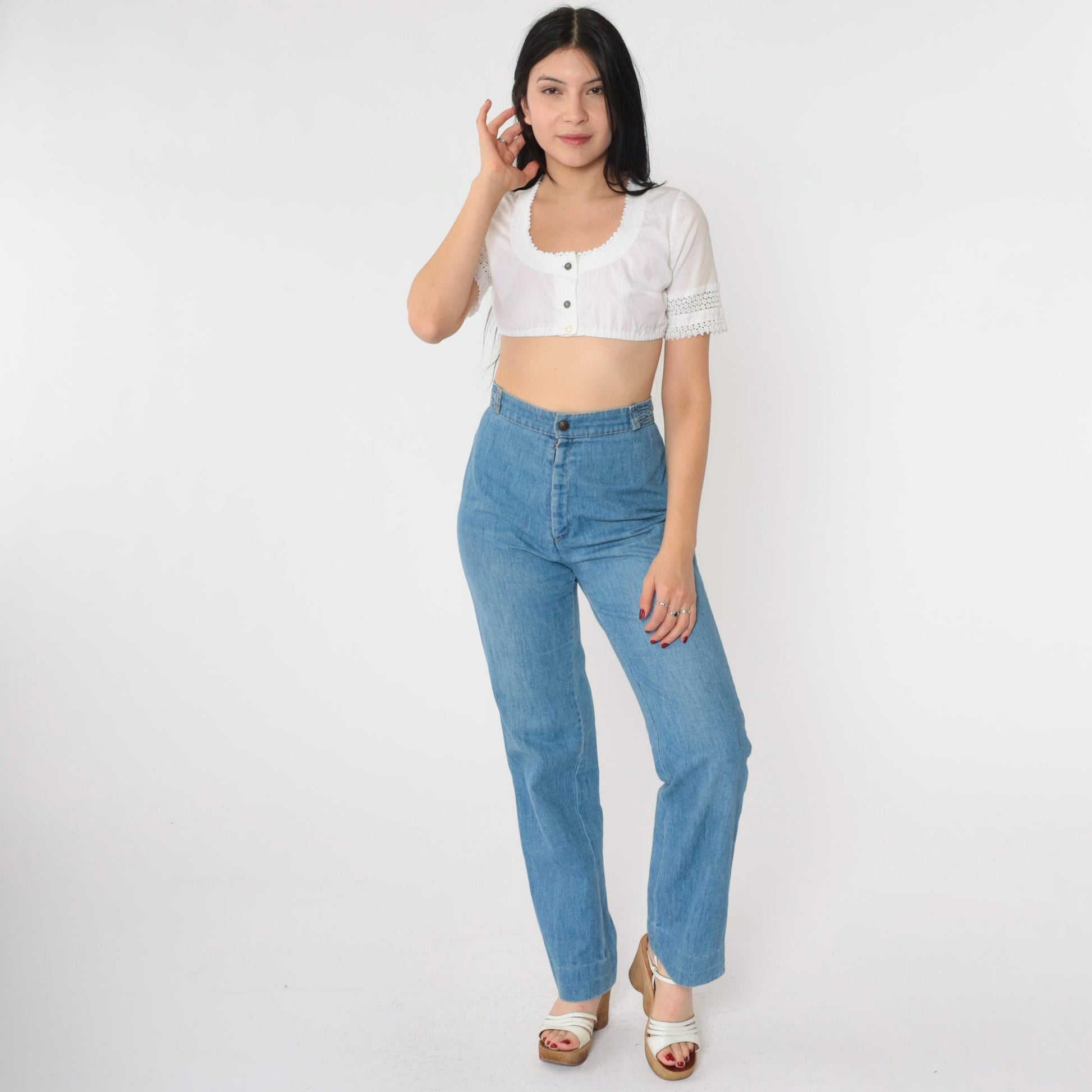 70s Levi's High Waist Straight Leg Jeans Blue Denim Braided Back XS