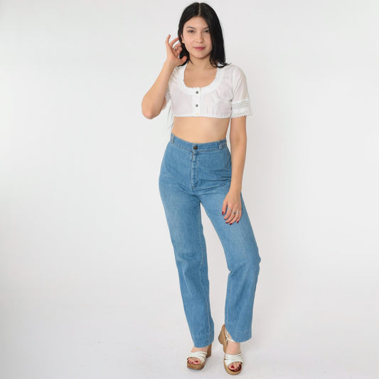 70s Levi's High Waist Straight Leg Jeans Blue Denim Braided Back XS