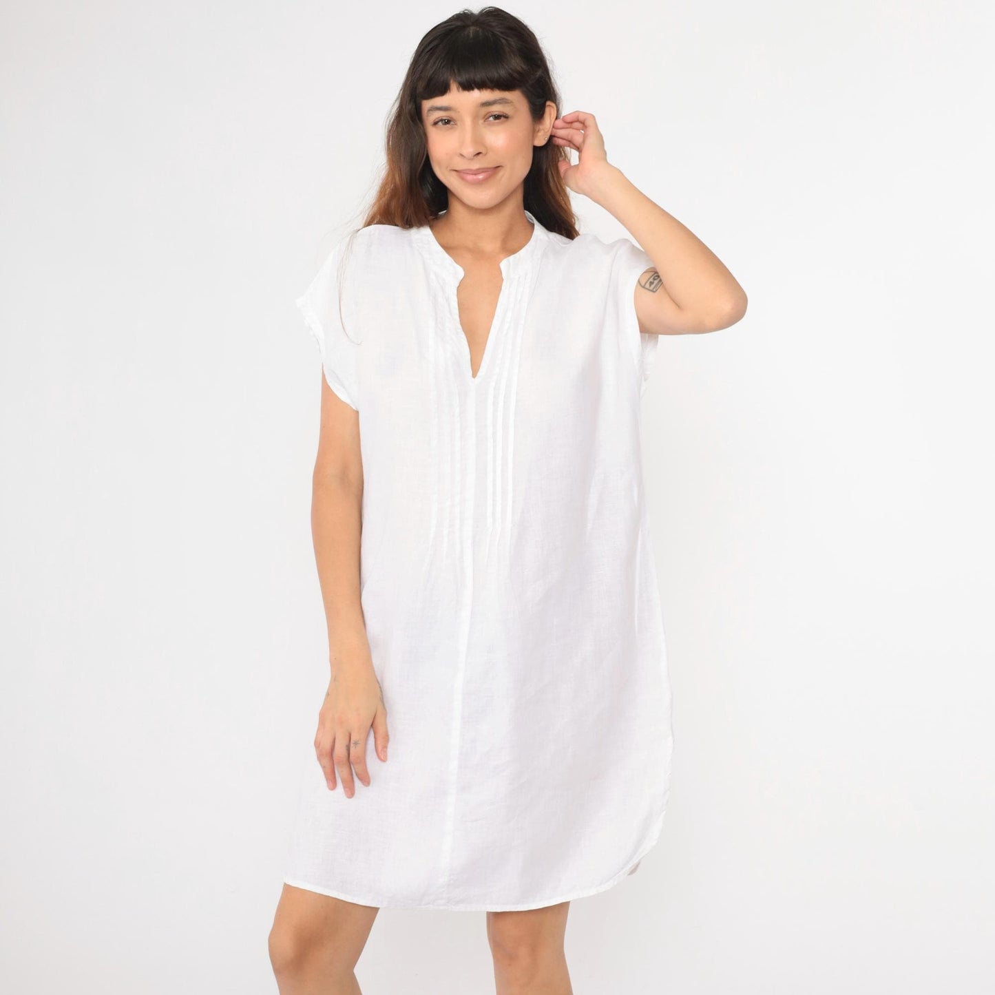 Y2K White Linen Midi Dress Pintuck Pleated Cap Sleeve Shift Large L