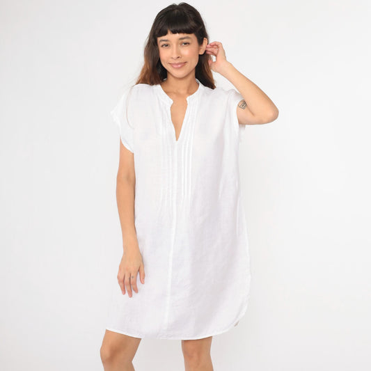 Y2K White Linen Midi Dress Pintuck Pleated Cap Sleeve Shift Large L