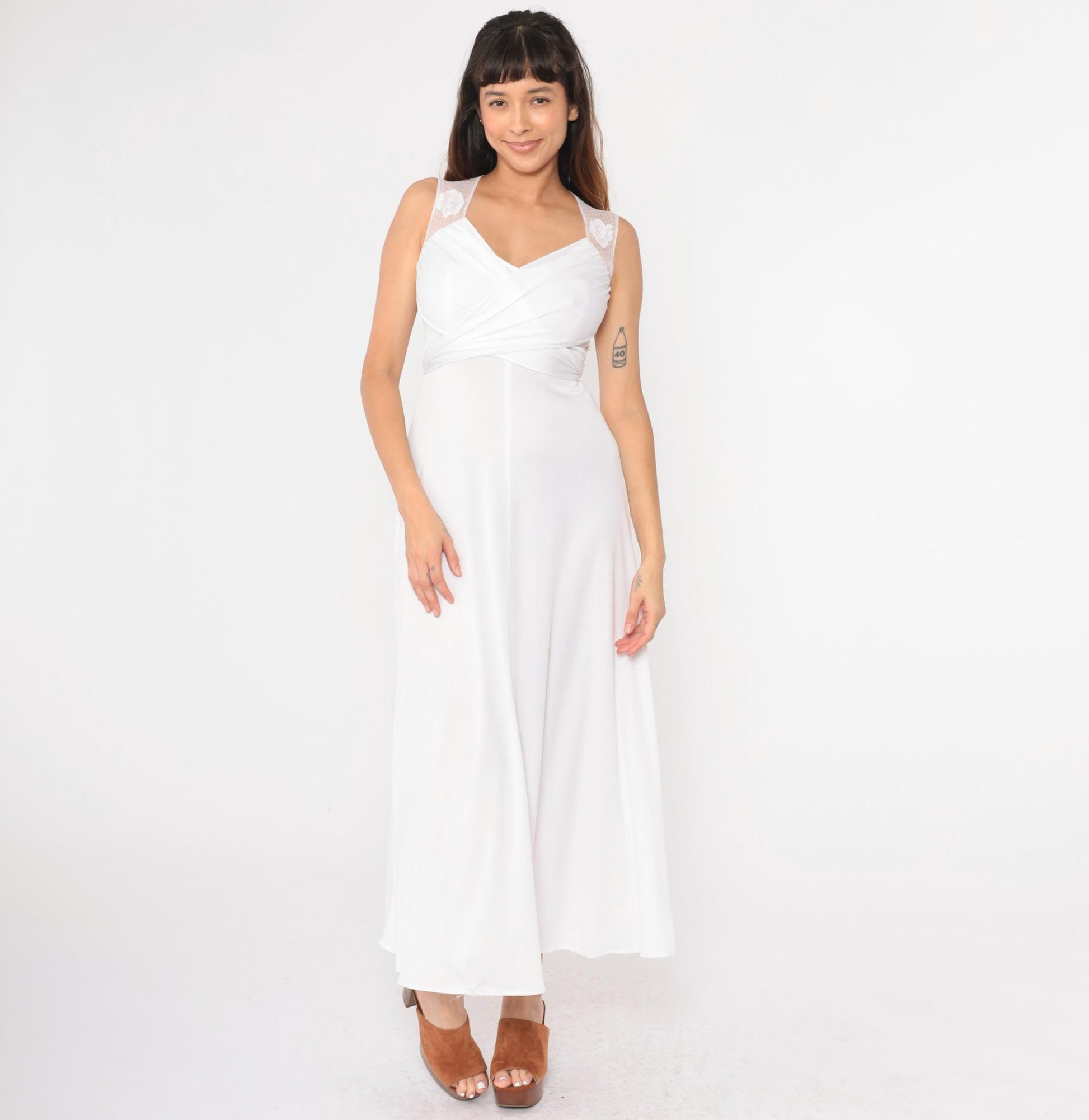 70s White Maxi Dress Sheer Lace Empire Waist Wrap Sleeveless Extra Small