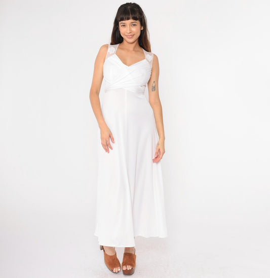 70s White Maxi Dress Sheer Lace Empire Waist Wrap Sleeveless Extra Small