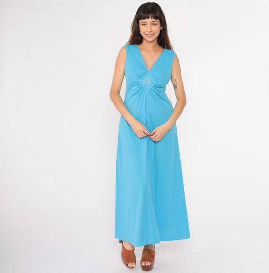 70s Blue Maxi Dress Rhinestone Beaded Empire Waist V Neck Sleeveless Medium