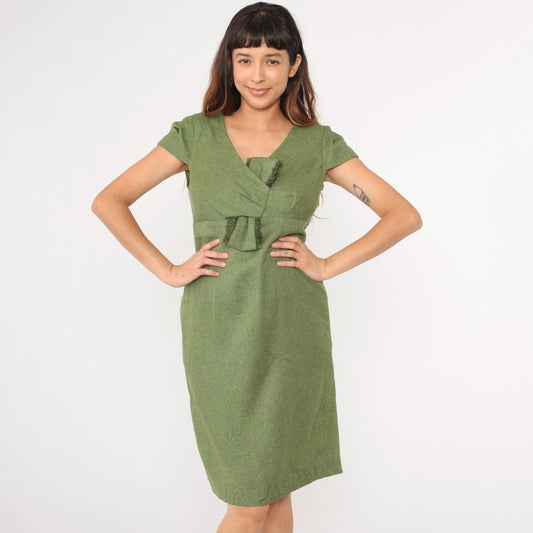 90s Y2K Julian Taylor Olive Green Pencil Dress Fringe Bust Empire Waist Medium