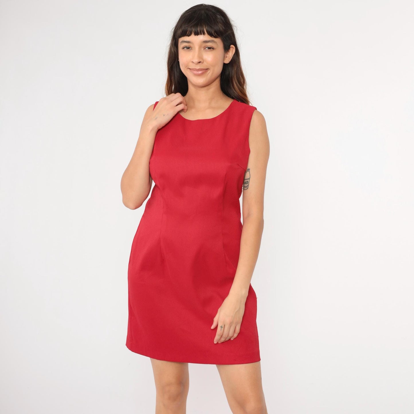 90s Red Striped Mini Sheath Dress Sleeveless Scoop Neck Medium