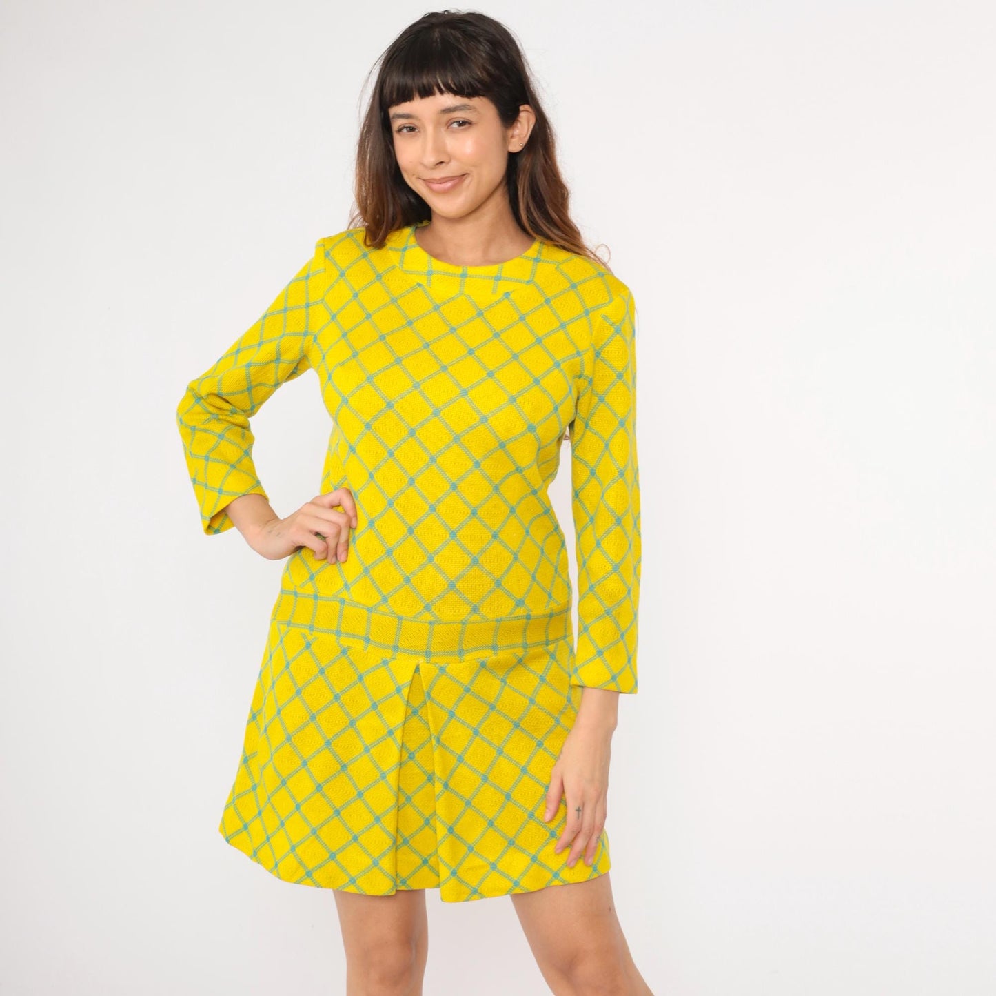 60s Yellow Checkered Drop Waist Mini Dress Long Sleeve Pleated Scooter Small