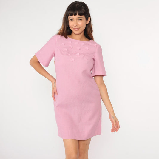 60s Metallic Pink Mini Dress Pearl Beaded Floral Shift Short Sleeve Medium