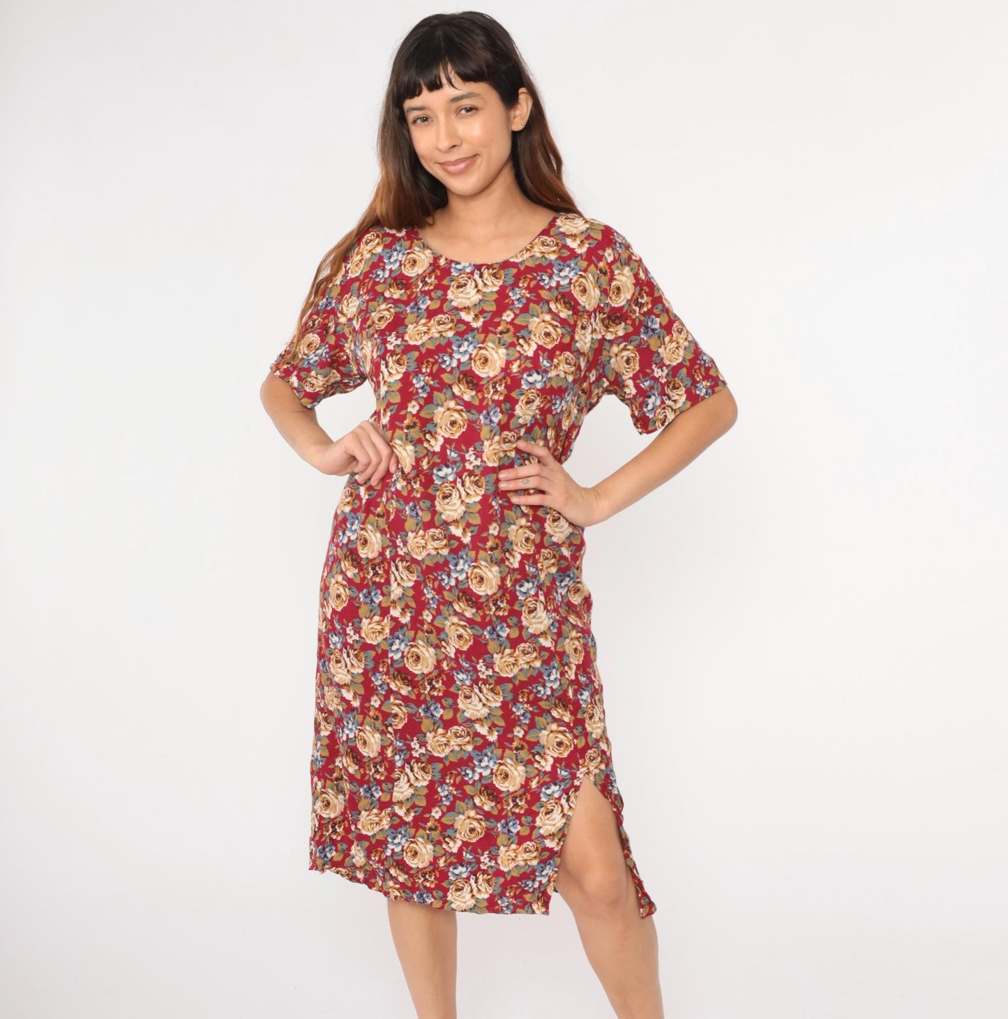 90s Red Floral Midi Dress Side Slit Sheath Princess Seam Medium Large