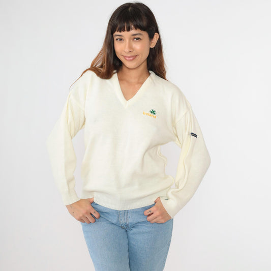 80s Blarney Castle Irish Sweater Off-White Shamrock V-Neck Knit Medium