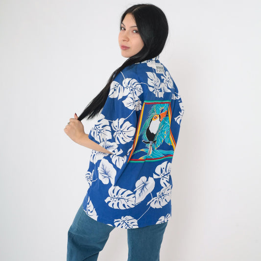 90s Newport Blue Hawaiian Shirt Toucan Monstera Tropical Floral Large L