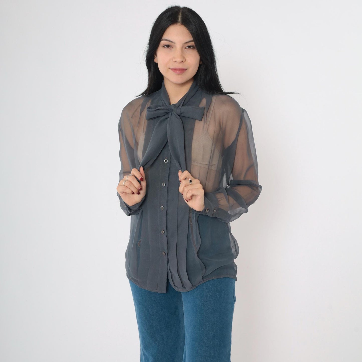 80s Maurice Antaya Sheer Chiffon Blouse Grey Ascot Bow Long Sleeve Medium