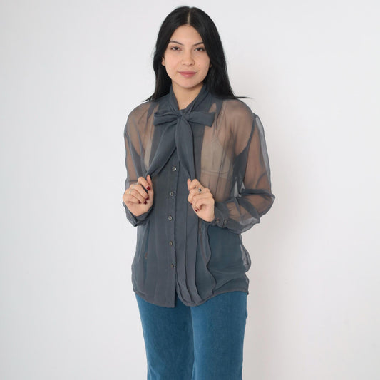 80s Maurice Antaya Sheer Chiffon Blouse Grey Ascot Bow Long Sleeve Medium
