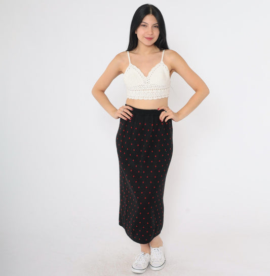 80s Khazana Black Knit Midi Skirt Red Geometric Print Elastic Waist Small