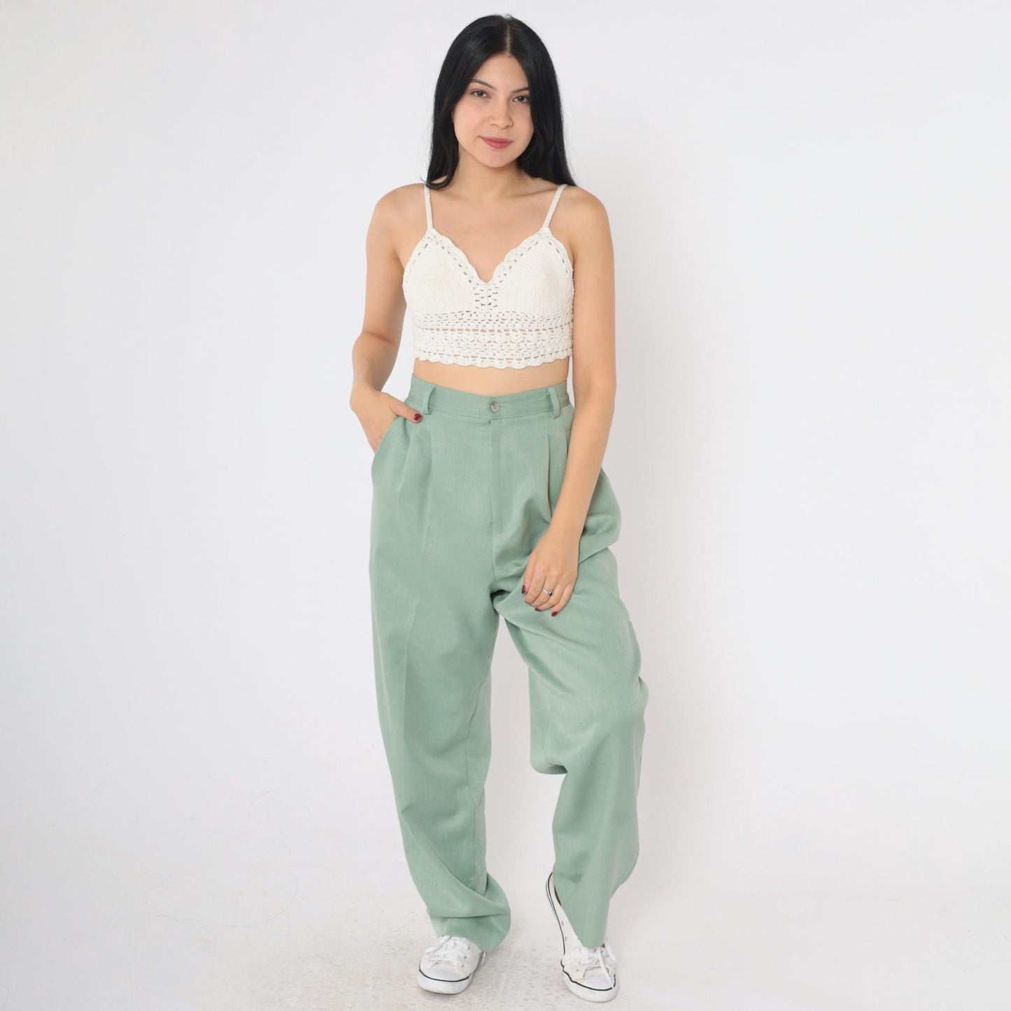 90s Light Green Pleated High-Waist Tapered Trousers Medium