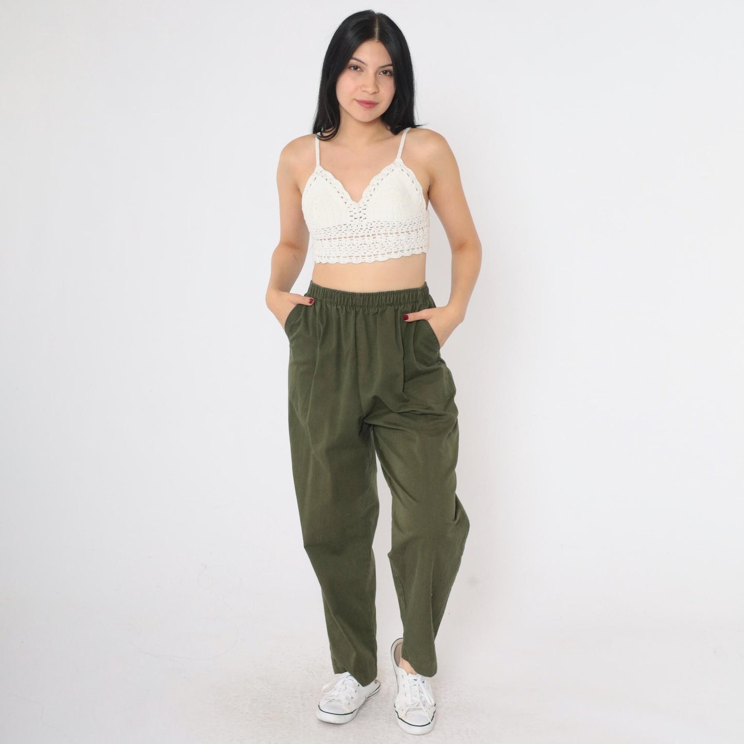 90s Olive Green High-Waist Straight Leg Pants Elastic Waist Small Petite