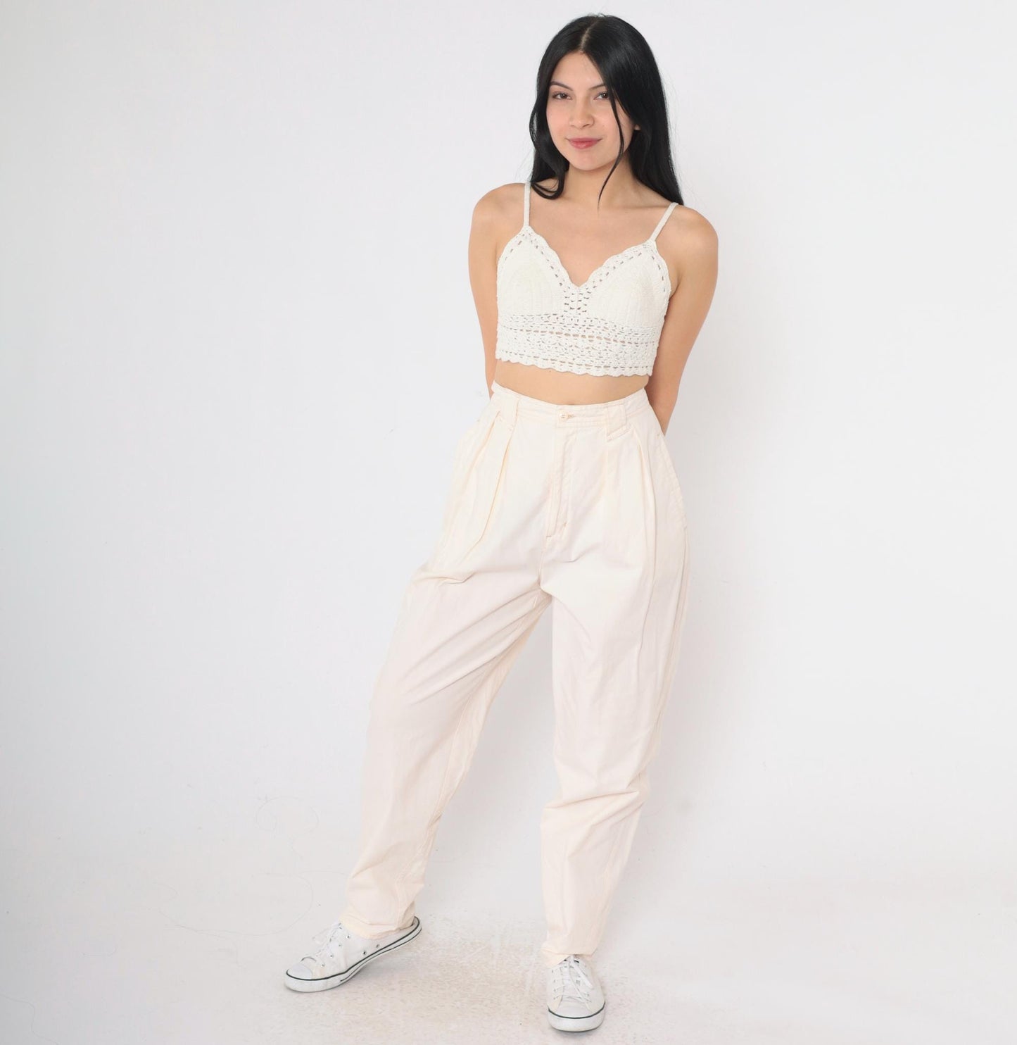 80s Bonjour Pale Peach High Waist Pleated Tapered Trousers Cotton Medium