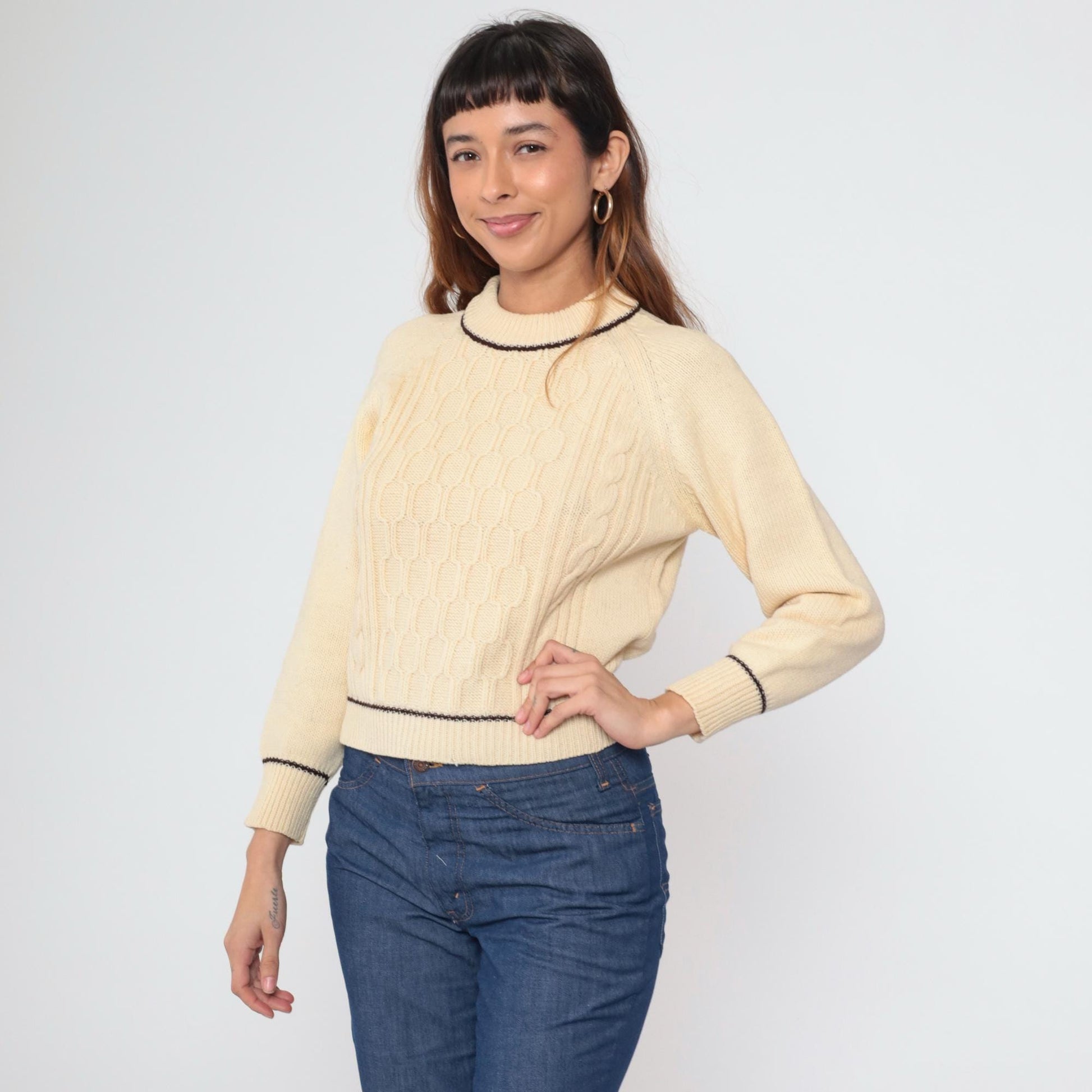 60s Cable Knit Sweater Cream Pullover Raglan Honeycomb Texture Small