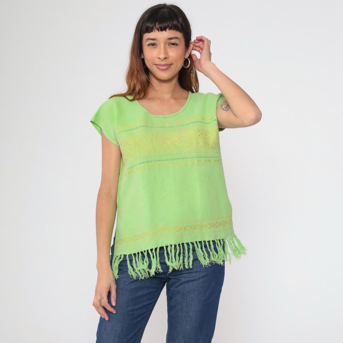80s Lime Green Embroidered Mexican Tunic Top Geometric Cutwork Cap Sleeve Medium