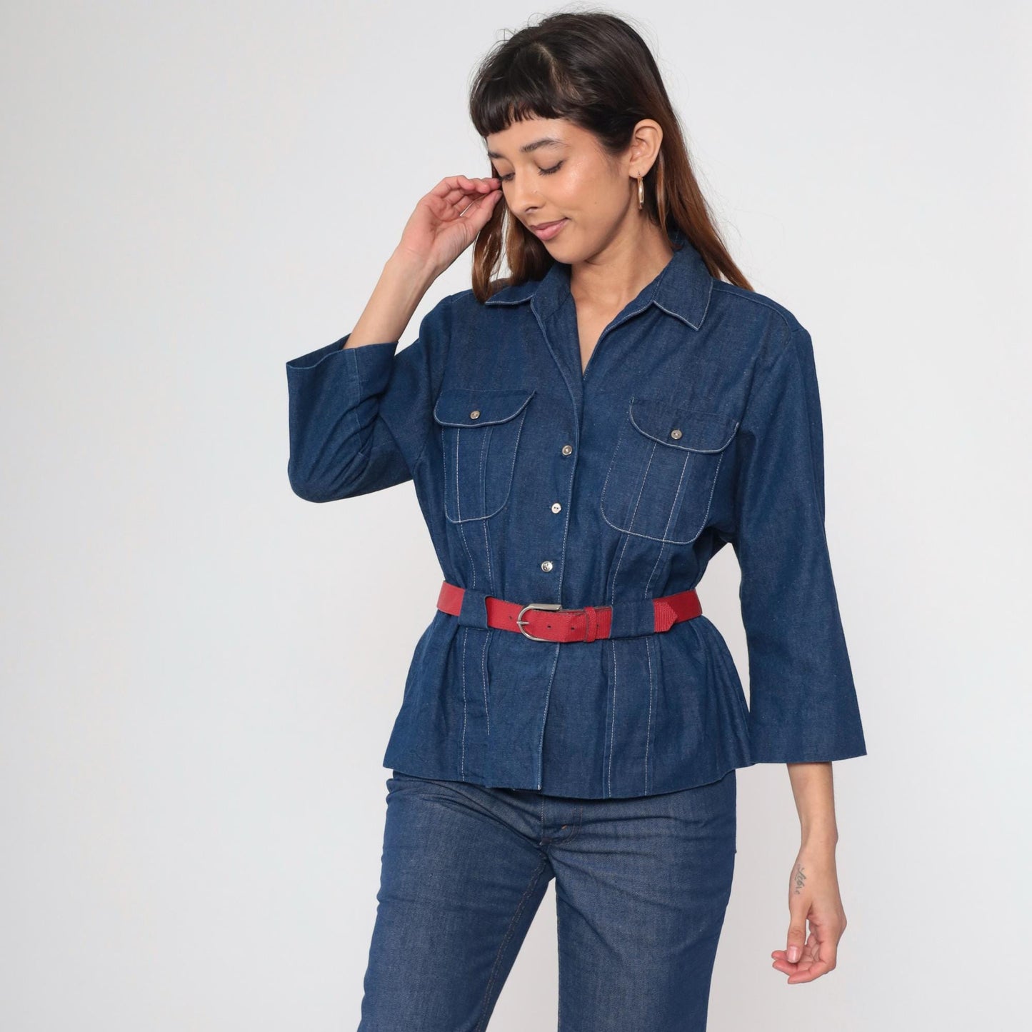 80s Willi of California Chambray Blouse Button-Up Pointed Collar Blue Medium