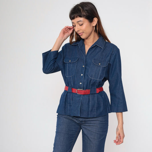 80s Willi of California Chambray Blouse Button-Up Pointed Collar Blue Medium