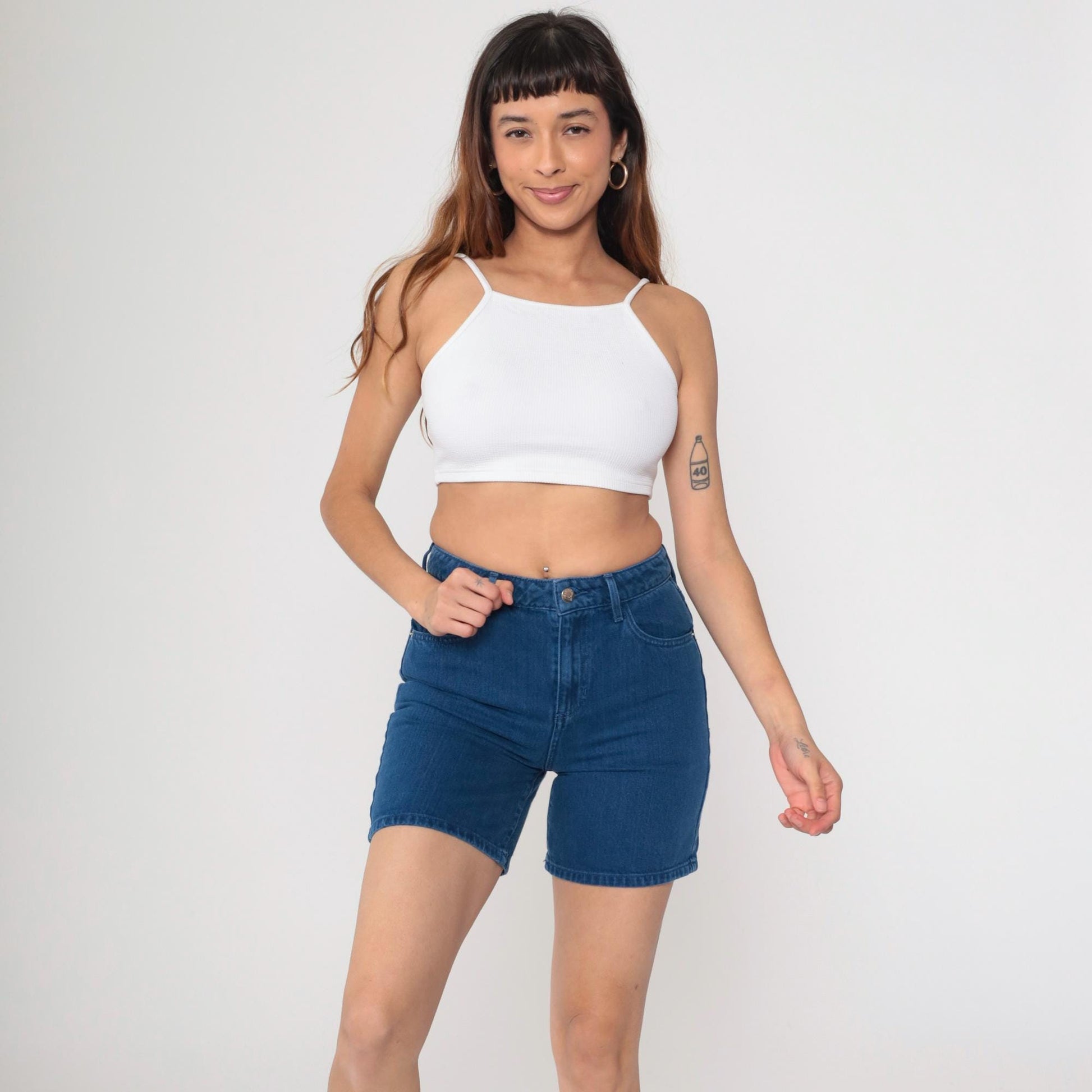 Y2K Guess Dark Wash High-Waisted Jean Shorts Triangle Logo Small 26