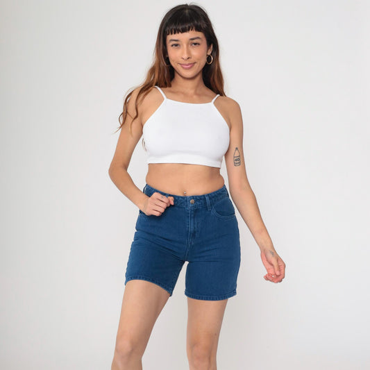 Y2K Guess Dark Wash High-Waisted Jean Shorts Triangle Logo Small 26