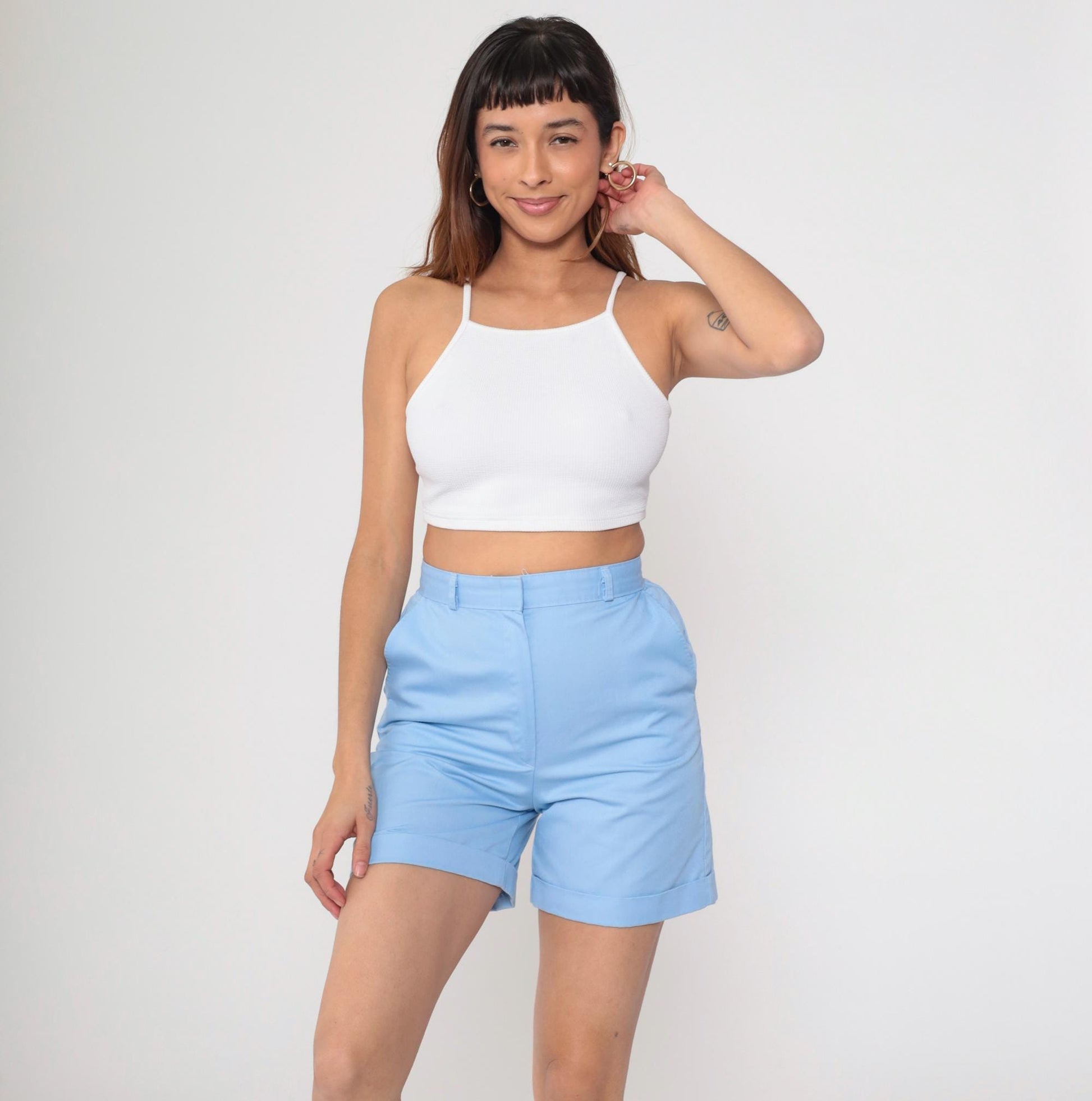 70s Wrangler High-Waisted Shorts Baby Blue Cuffed Cotton Small
