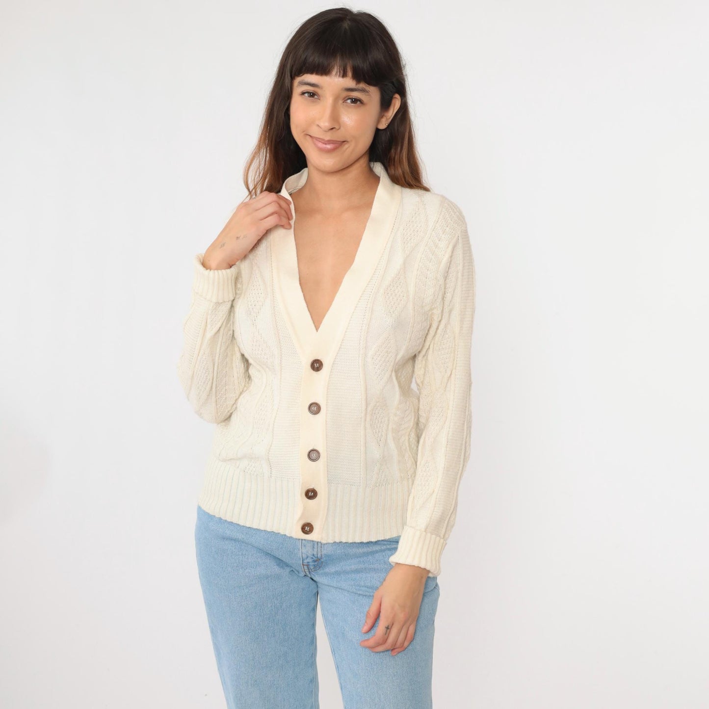 70s Fishers Castleton Cream Cardigan Diamond Knit V-Neck Button-Up Small