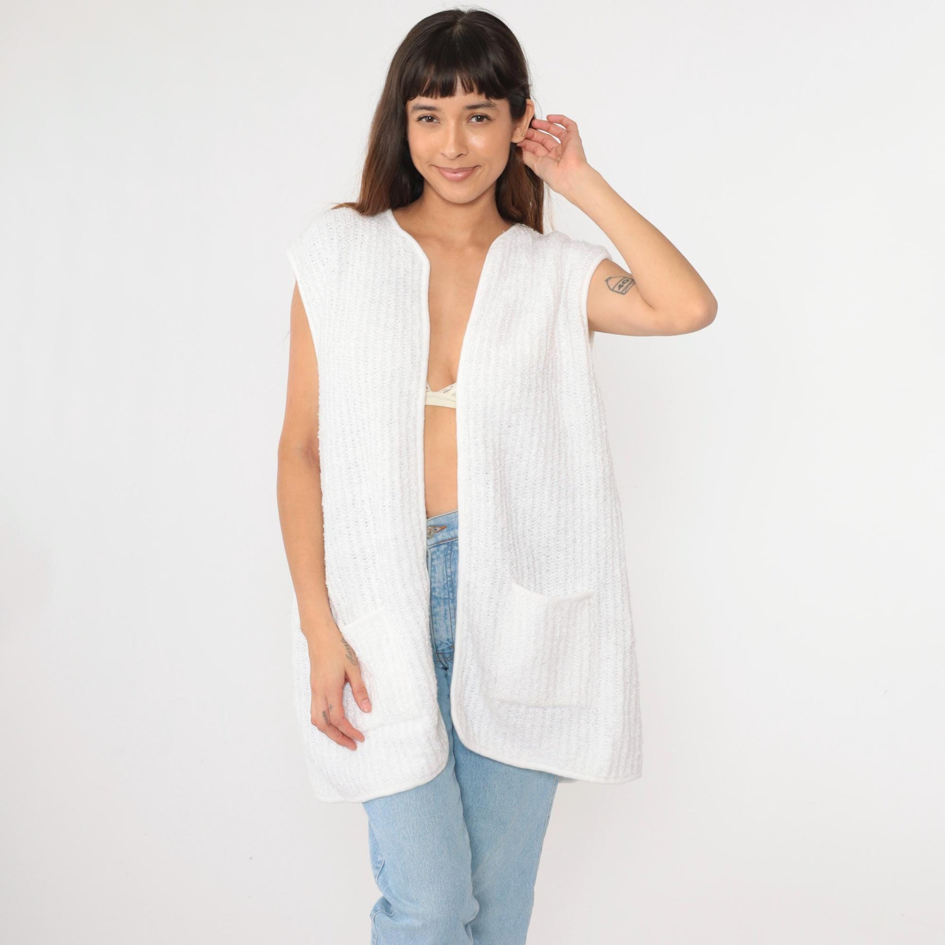 80s Sideffects Plus White Knit Vest Open Front Pockets Sleeveless Extra Extra Large XXL