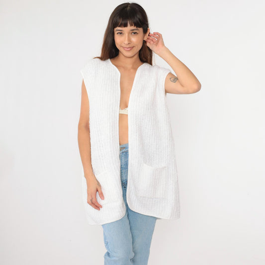 80s Sideffects Plus White Knit Vest Open Front Pockets Sleeveless Extra Extra Large XXL