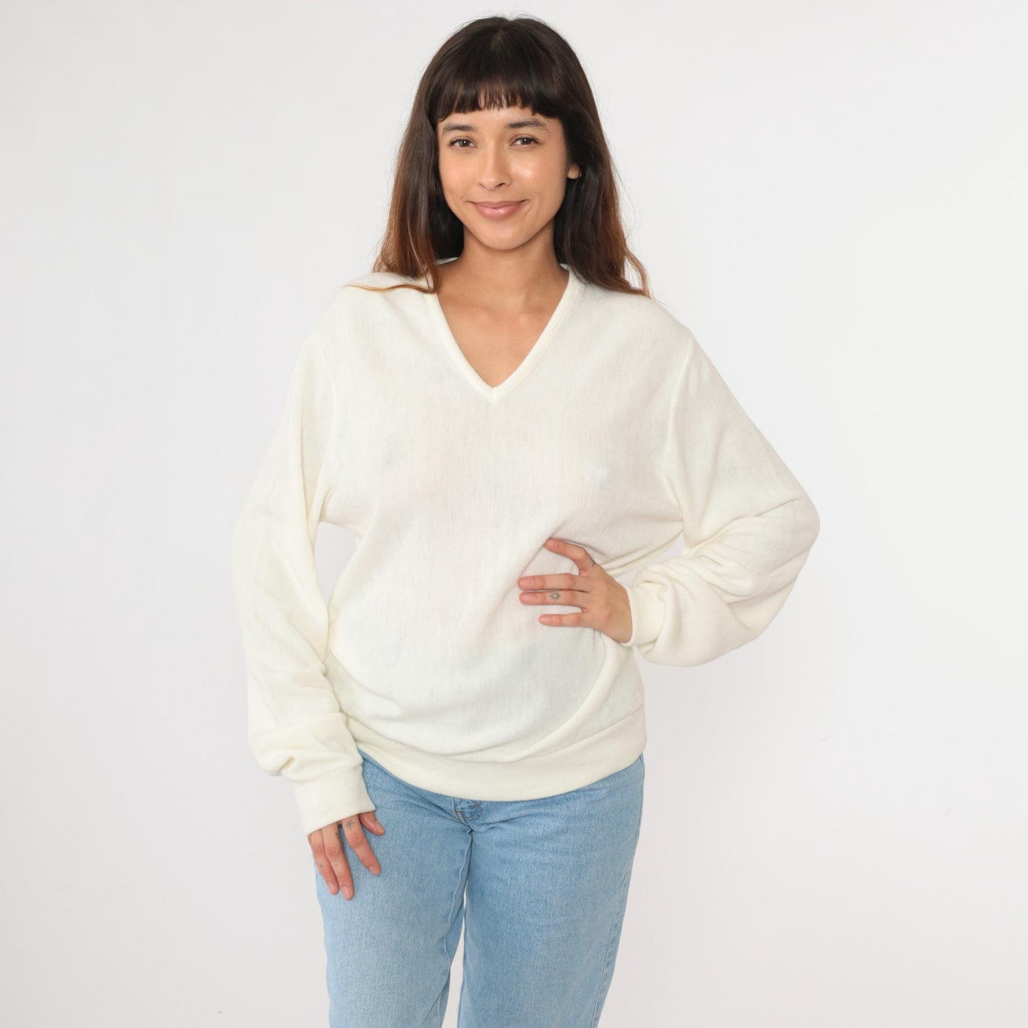 80s Sportswear by Bryant White V-Neck Knit Sweater Pullover Large L