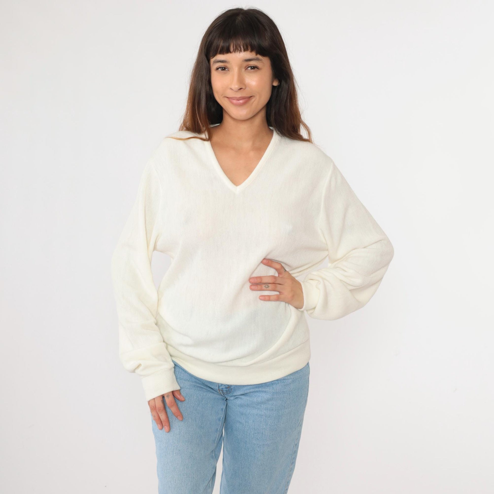 80s Sportswear by Bryant White V-Neck Knit Sweater Pullover Large L