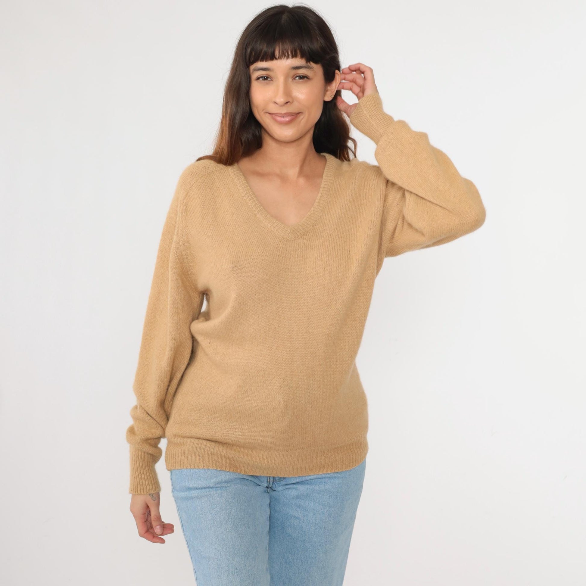 80s Tan V-Neck Knit Sweater Slouchy Pullover Small