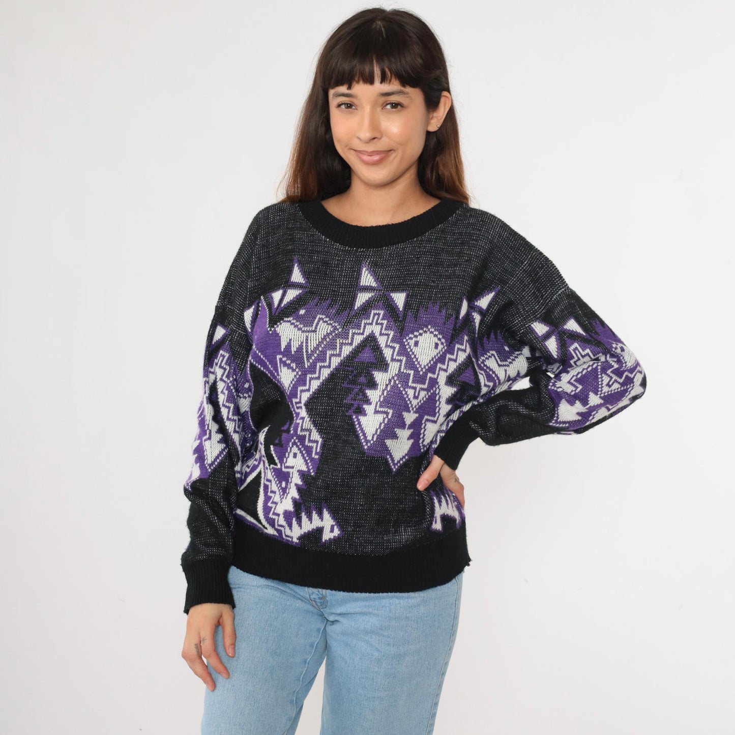 80s Geometric Snake Pattern Sweater Purple Black Acrylic Crewneck Large