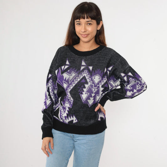 80s Geometric Snake Pattern Sweater Purple Black Acrylic Crewneck Large
