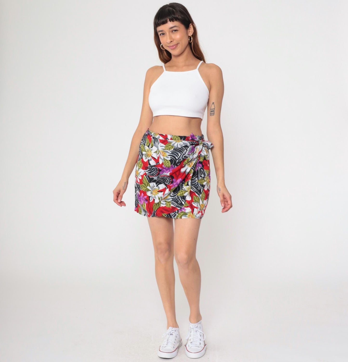 90s Tropical Floral Mini Skirt High Waist Faux Wrap Red Black White Small Medium