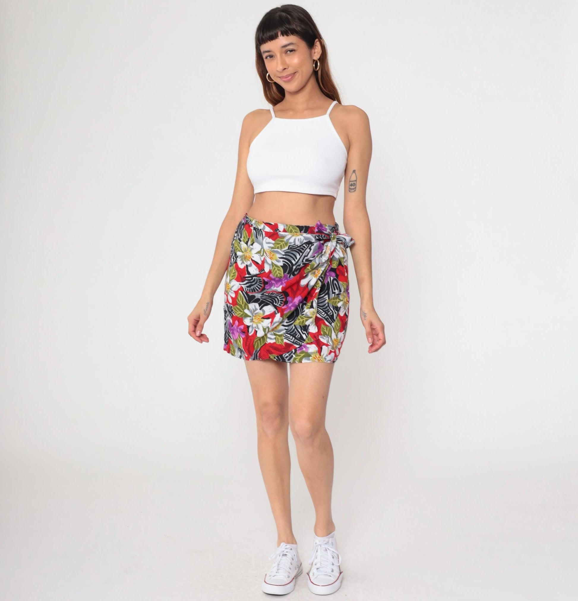 90s Tropical Floral Mini Skirt High Waist Faux Wrap Red Black White Small Medium